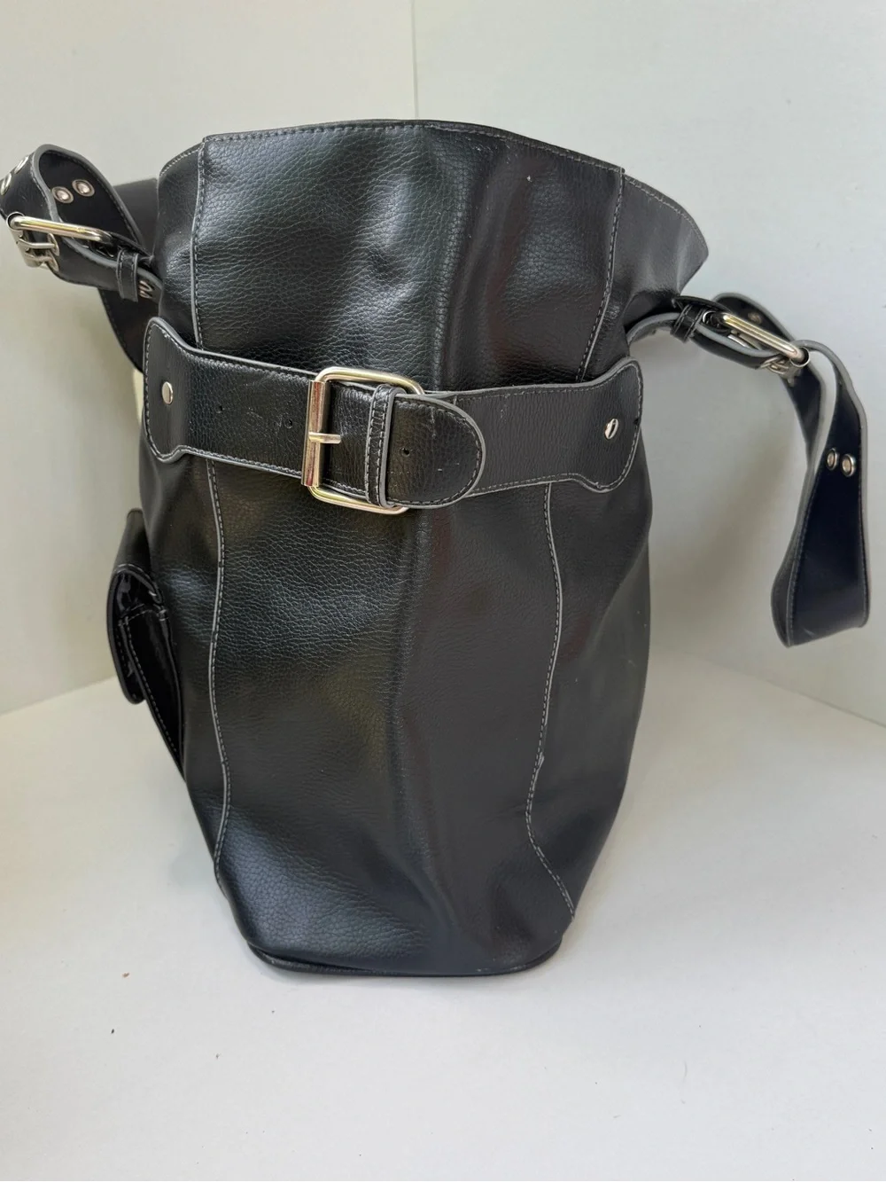 NWT Macy's Black Large Faux Leather Motorcycle Tote Bag Y2K Pockets Shoulder Bag